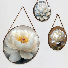 Luxurious White Lotus Floral Round Framed Canvas Wall Paintings - Set of 3