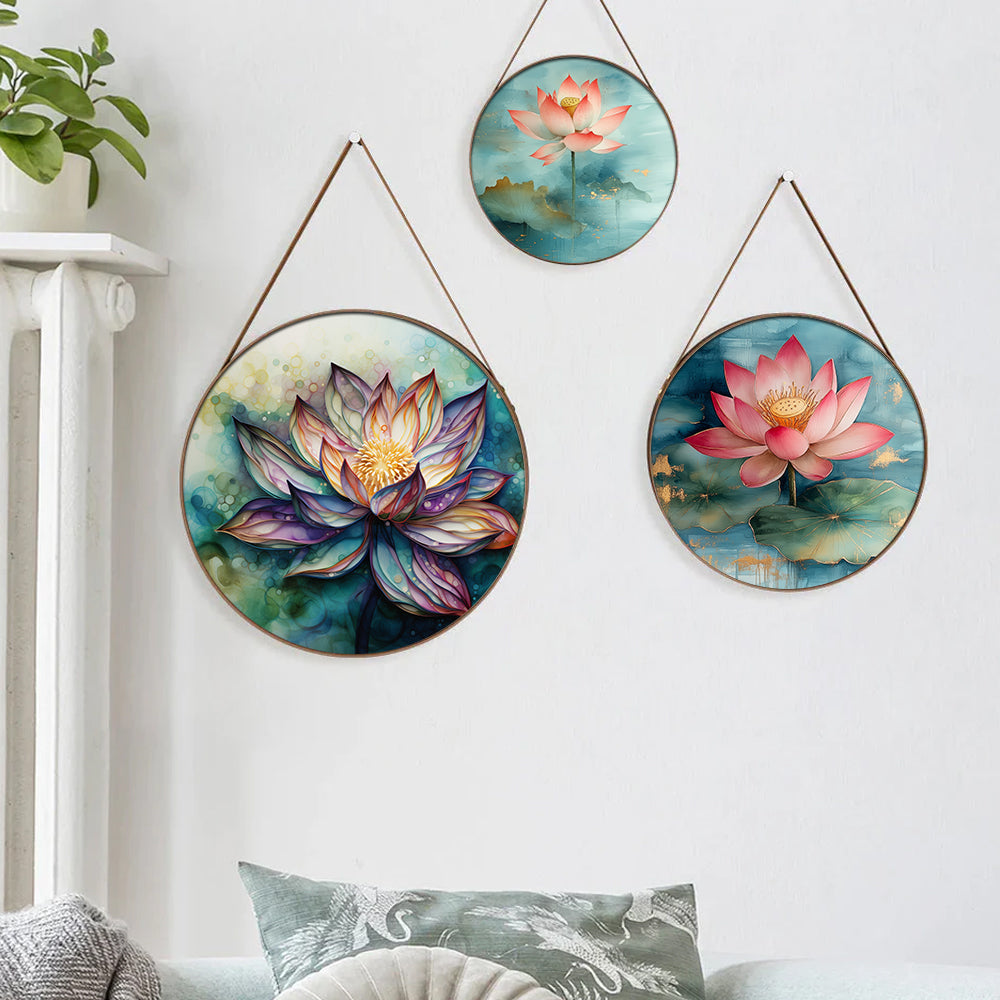 Purple and Pink Lotus Floral Round Framed Vastu Canvas Wall Paintings - Set of 3