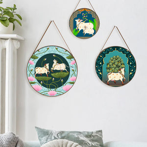 Set of 3 Pichwai Round Canvas Wall Painting with Cow and Lotus Design