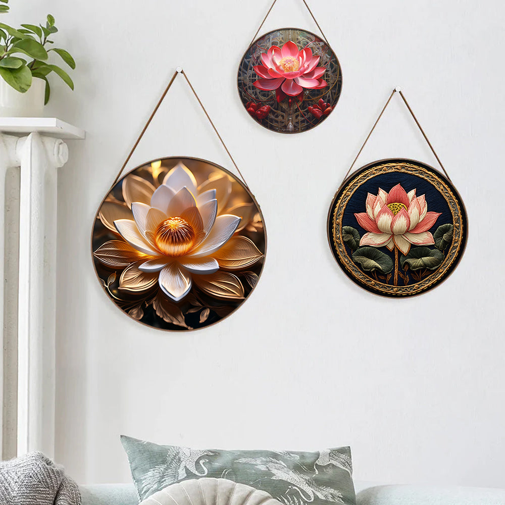 Pink and Gold Lotus Vastu Floral Round Framed Canvas Wall Paintings - Set of 3