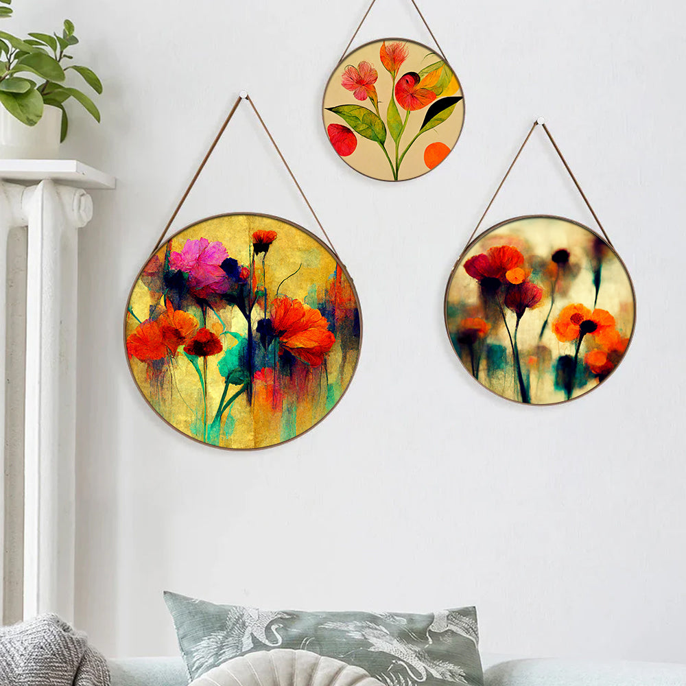 Multicolor Floral Round Framed Canvas Wall Paintings & Art - Set of 3