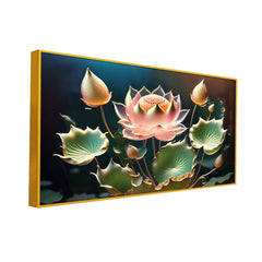 Pink Lotus with Green Leaf Flower vastu Canvas Wall Painting