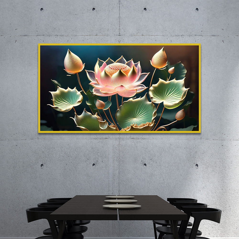 Pink Lotus with Green Leaf Flower vastu Canvas Wall Painting