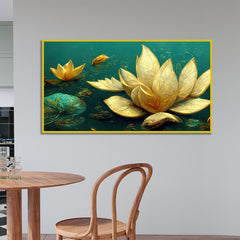 Elegant Golden Lotus Flower Green Leaf Vastu Painting for Home Décor