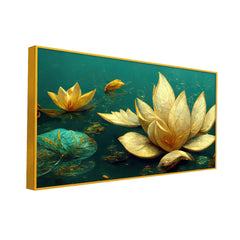 Elegant Golden Lotus Flower Green Leaf Vastu Painting for Home Décor