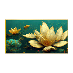 Elegant Golden Lotus Flower Green Leaf Vastu Painting for Home Décor