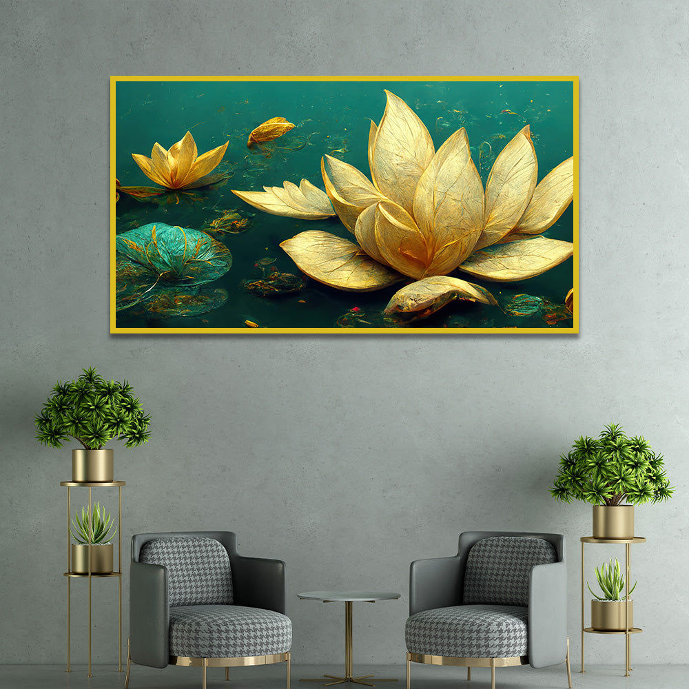 Elegant Golden Lotus Flower Green Leaf Vastu Painting for Home Décor