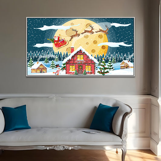 Festive Dreams Santa and Reindeer in Flight Canvas Wall Painting