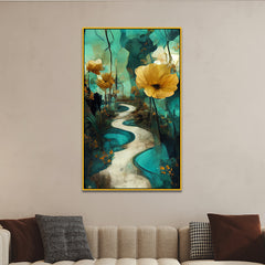 Nature Inspired Abstract Golden Floral Ready to Hang Floating Framed Canvas Wall Painting