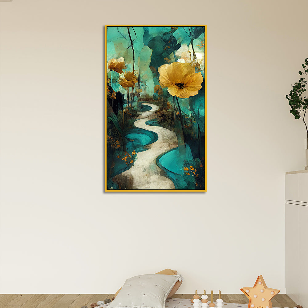 Nature Inspired Abstract Golden Floral Ready to Hang Floating Framed Canvas Wall Painting