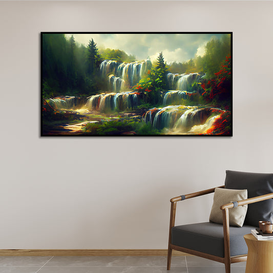 Waterfall and Mountains Stream Flow Canvas Beautiful Landscape Wall Painting