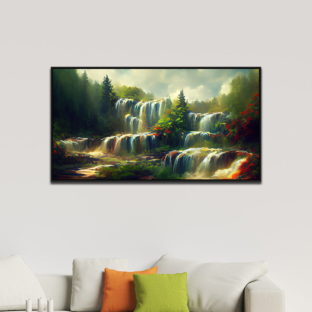 Waterfall and Mountains Stream Flow Canvas Beautiful Landscape Wall Painting