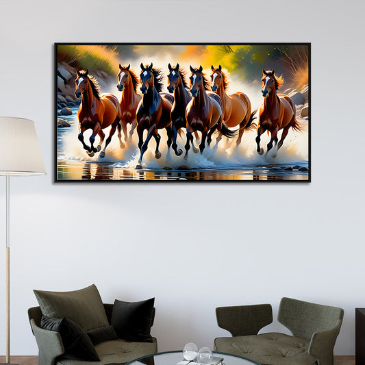 Seven Running Horses on River Canvas Wall Décor Painting With Floating Framed