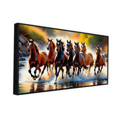 Seven Running Horses on River Canvas Wall Décor Painting With Floating Framed