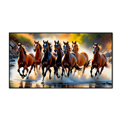 Seven Running Horses on River Canvas Wall Décor Painting With Floating Framed