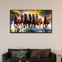 Seven Running Horses on River Canvas Wall Décor Painting With Floating Framed