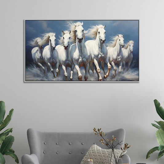 Elegant Galloping 7 Running Horses Modern Art Vastu Canvas Wall Painting