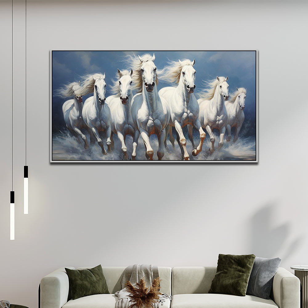 Elegant Galloping 7 Running Horses Modern Art Vastu Canvas Wall Painting