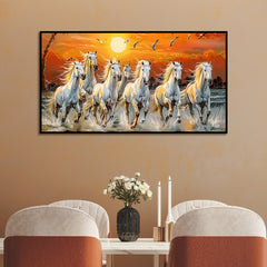 7 Running Horses at Sunrise Vastu Canvas Wall Painting with Floating Frame