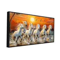 7 Running Horses at Sunrise Vastu Canvas Wall Painting with Floating Frame