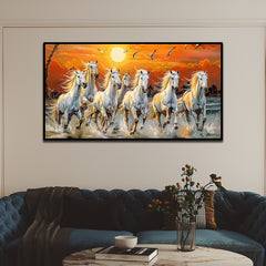 7 Running Horses at Sunrise Vastu Canvas Wall Painting with Floating Frame