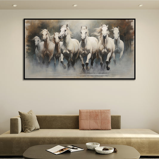 Stunning 7 White Running Horses Modern Art Canvas Wall Painting