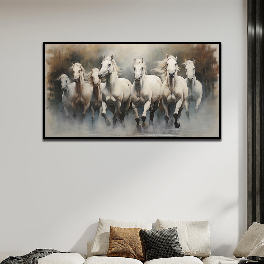 Stunning 7 White Running Horses Modern Art Canvas Wall Painting