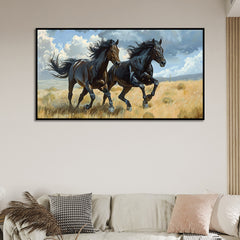 Majestic 2 Black Running Horses Canvas Wall Painting