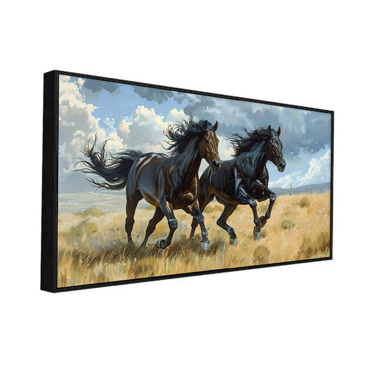 Majestic 2 Black Running Horses Canvas Wall Painting