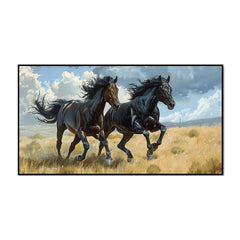 Majestic 2 Black Running Horses Canvas Wall Painting