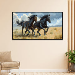 Majestic 2 Black Running Horses Canvas Wall Painting