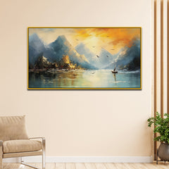 Lake View with Sailboat Abstract Canvas Wall Painting