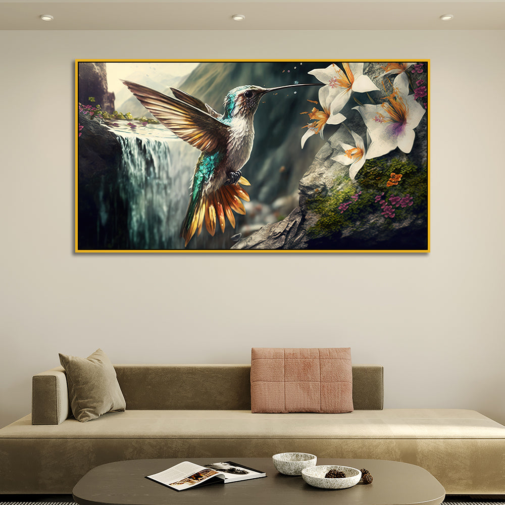 Humming Bird Flying Next to Beautiful Flower in Tropical Forest Wall Painting