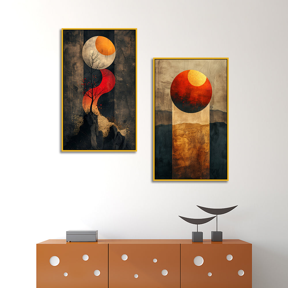 Golden Red Abstract Theme Canvas Wall Painting Two Pieces