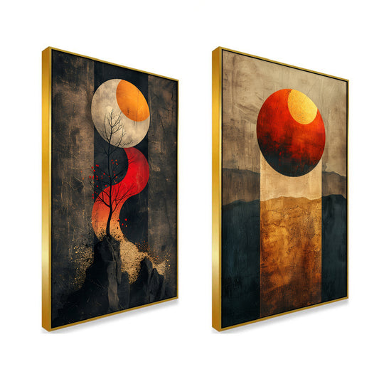 Golden Red Abstract Theme Canvas Wall Painting Two Pieces