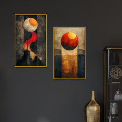 Golden Red Abstract Theme Canvas Wall Painting Two Pieces