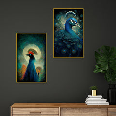 Elegant Peacock Abstract Vaastu Canvas Painting for Home Décor Two Pieces