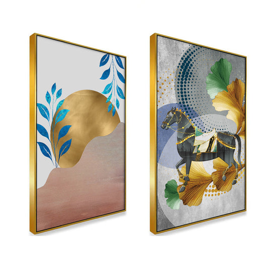 Mystery Golden Horse Modern Art Digital Print Canvas Wall Painting Two Pieces