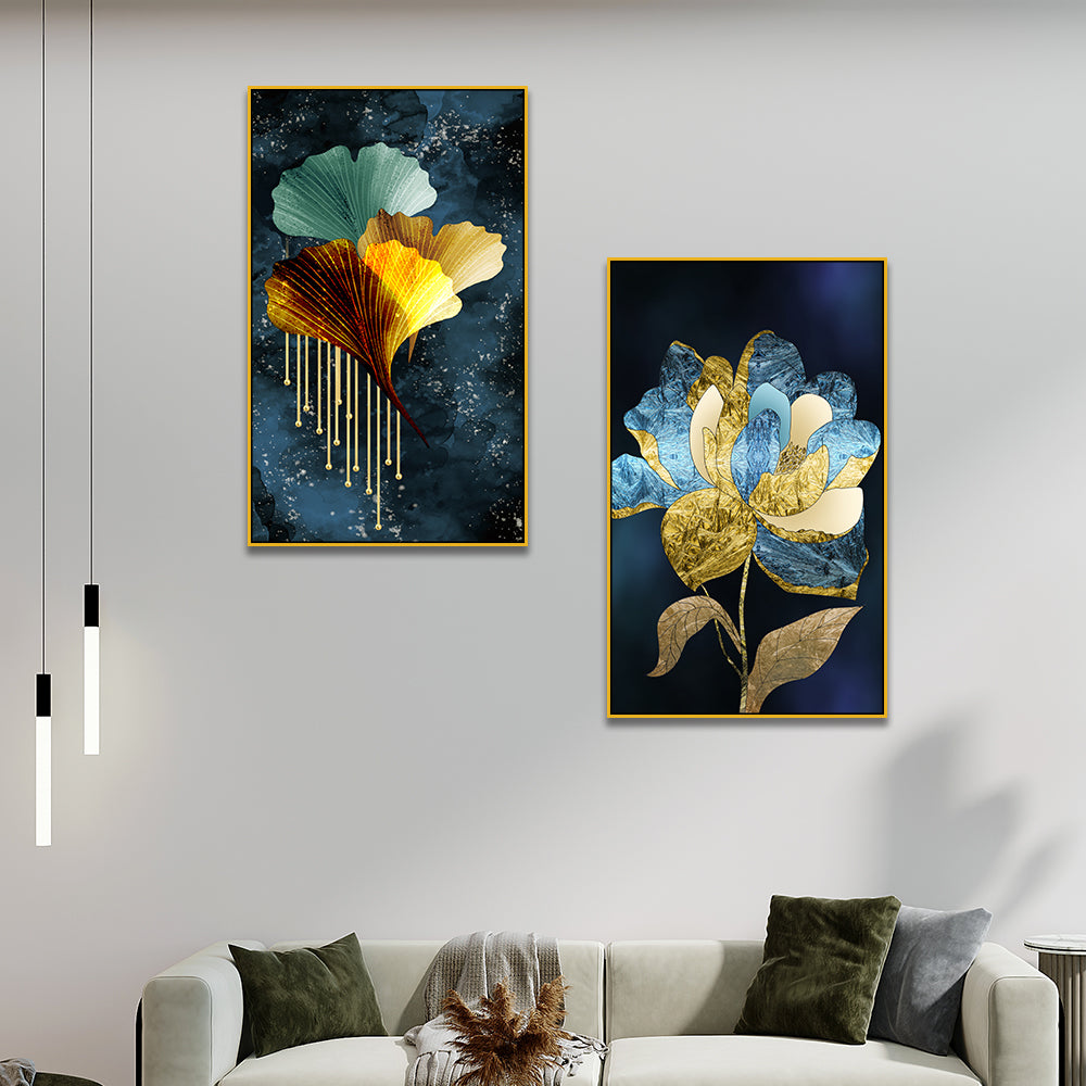 3d Golden Blue Tree Leaves Floral Canvas Wall Painting Two Pieces