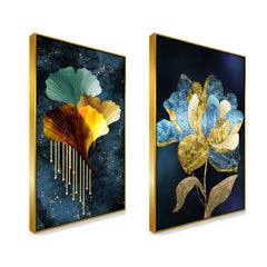 3d Golden Blue Tree Leaves Floral Canvas Wall Painting Two Pieces