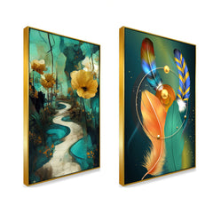 Contemporary Golden Floral Canvas Wall Painting Two Pieces