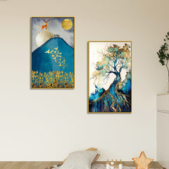 Golden Tree and Deer Modern Canvas Wall Painting Two Pieces