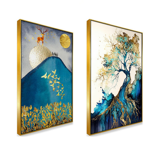 Golden Tree and Deer Modern Canvas Wall Painting Two Pieces