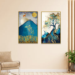 Golden Tree and Deer Modern Canvas Wall Painting Two Pieces