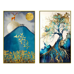 Golden Tree and Deer Modern Canvas Wall Painting Two Pieces