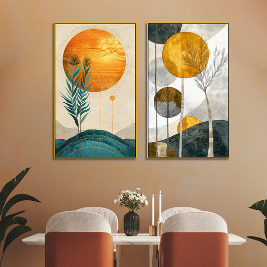 Abstract Golden Modern Canvas Wall Painting Two Pieces