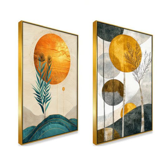 Abstract Golden Modern Canvas Wall Painting Two Pieces