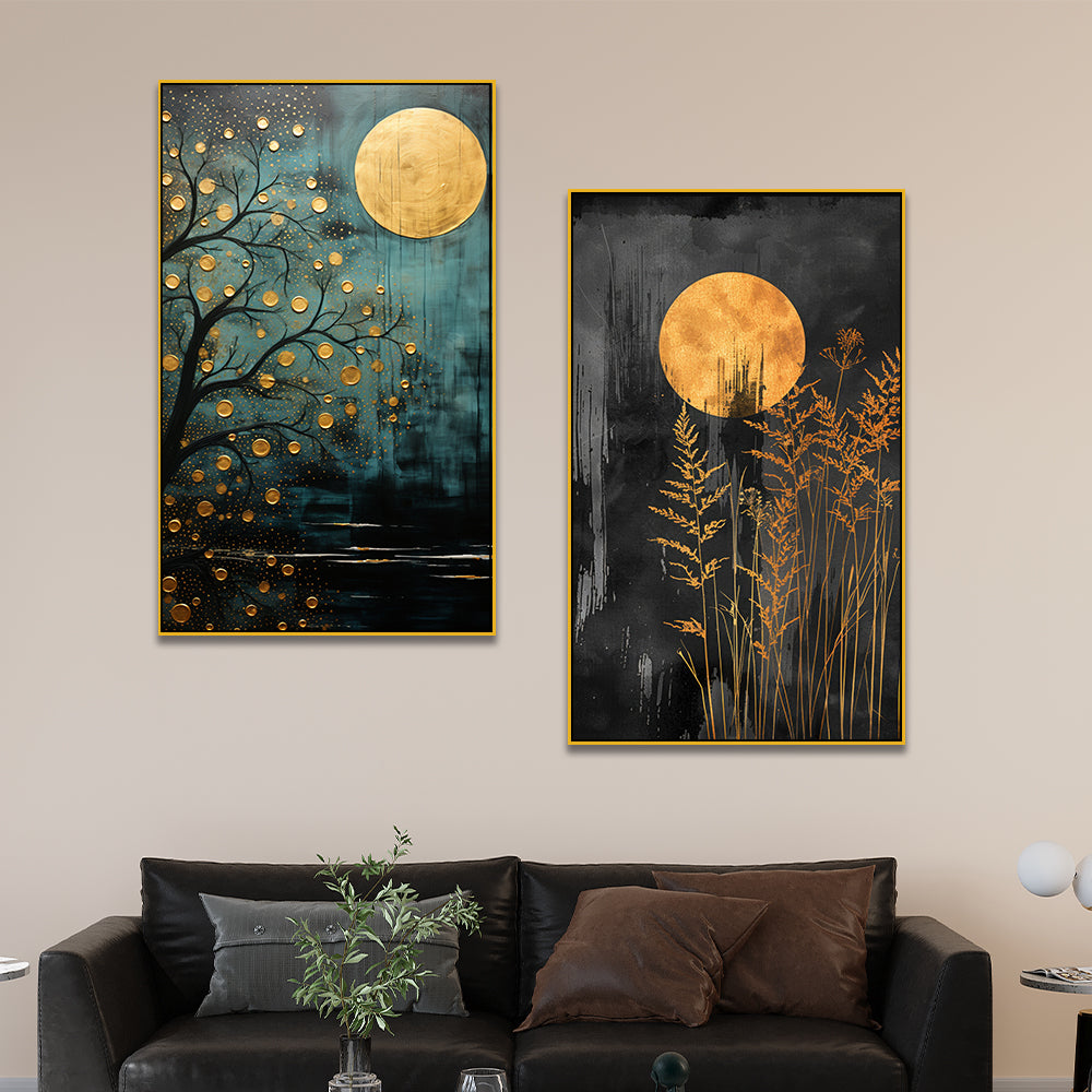 Abstract Golden Floral Tree Canvas Wall Decorative Painting Two Pieces