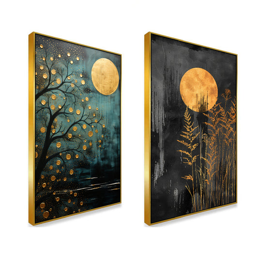 Abstract Golden Floral Tree Canvas Wall Decorative Painting Two Pieces