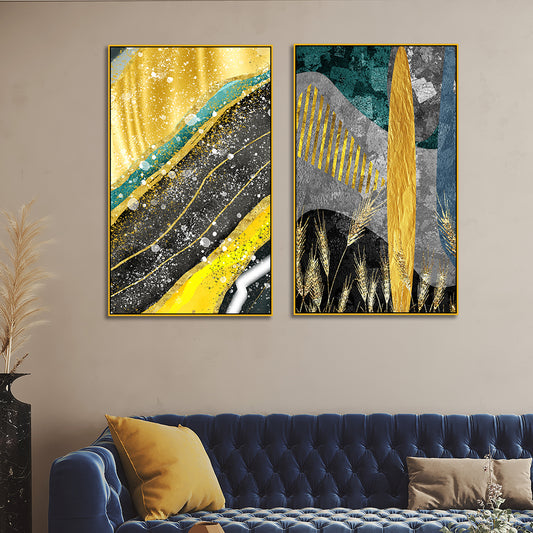 Modern Abstract Golden Dried Botanical Wheat Grass Boho Canvas Painting Two Pieces